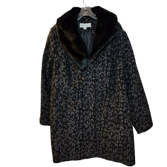 Ava & Viv Mid-Length Coat 2X Black & Gray Leopard Print Faux Fur Collar - Picture 10 of 10